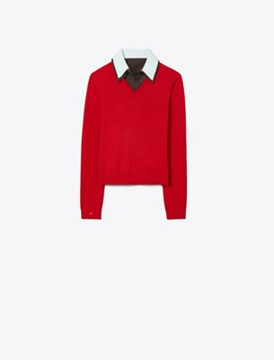 Tory Burch Layered Merino Wool Sweater In Red
