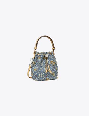 Tory Burch T Monogram Denim Embellished Mini Bucket Bag