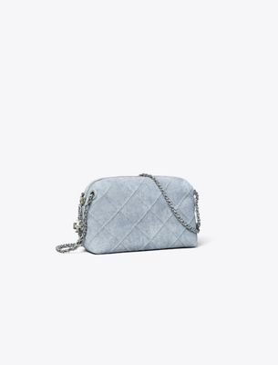 Tory Burch Fleming Soft Denim-print Suede Crossbody Bag In Blue