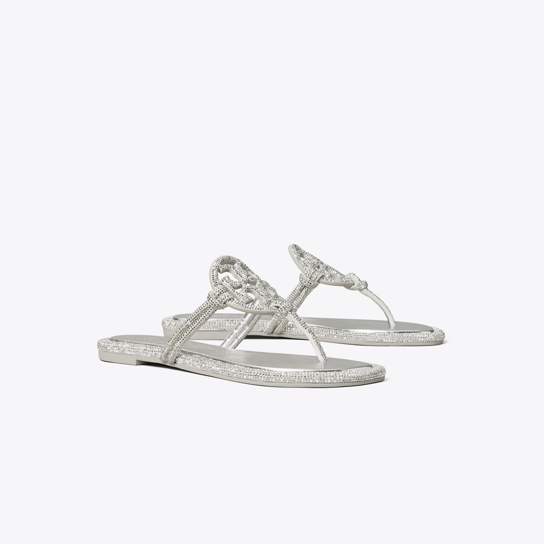 Tory Burch Miller Pave Leather Logo Sandals In Silver
