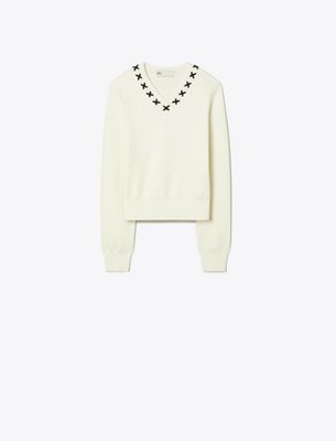 Tory Burch Embroidered Wool Sweater In White