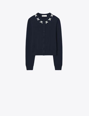 Tory Burch Embroidered Merino And Cashmere Cardigan In Blue