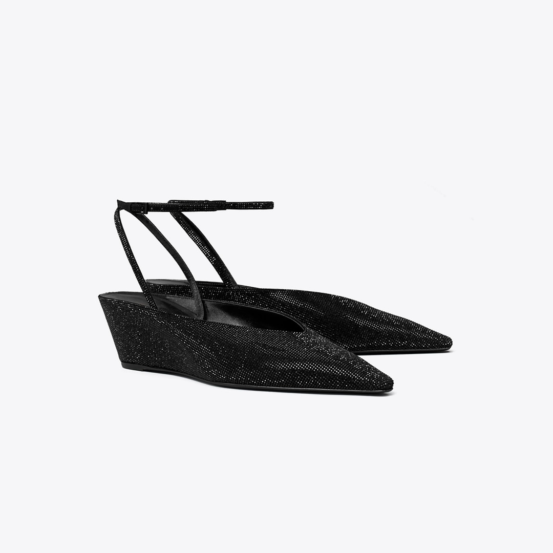 Tory Burch Glitter Pointed Toe Wedge Sandals In Black
