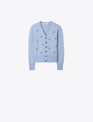 Tory Burch Birdie-embroidered Cashmere Cardigan In Blue