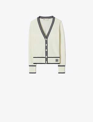 Tory Burch Cropped Wool Ribbed Cardigan In White