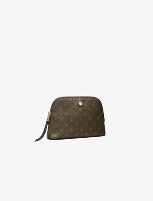 Tory Burch T Monogram Coated Canvas Small Dome Cosmetic Case In Brown