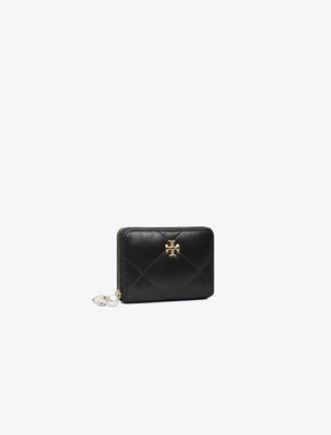 Tory Burch Small Kira Diamond Quilt Charm Zip Wallet In Black