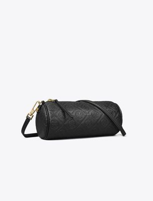 Tory Burch T Monogram Pebbled Cylinder Bag In Black