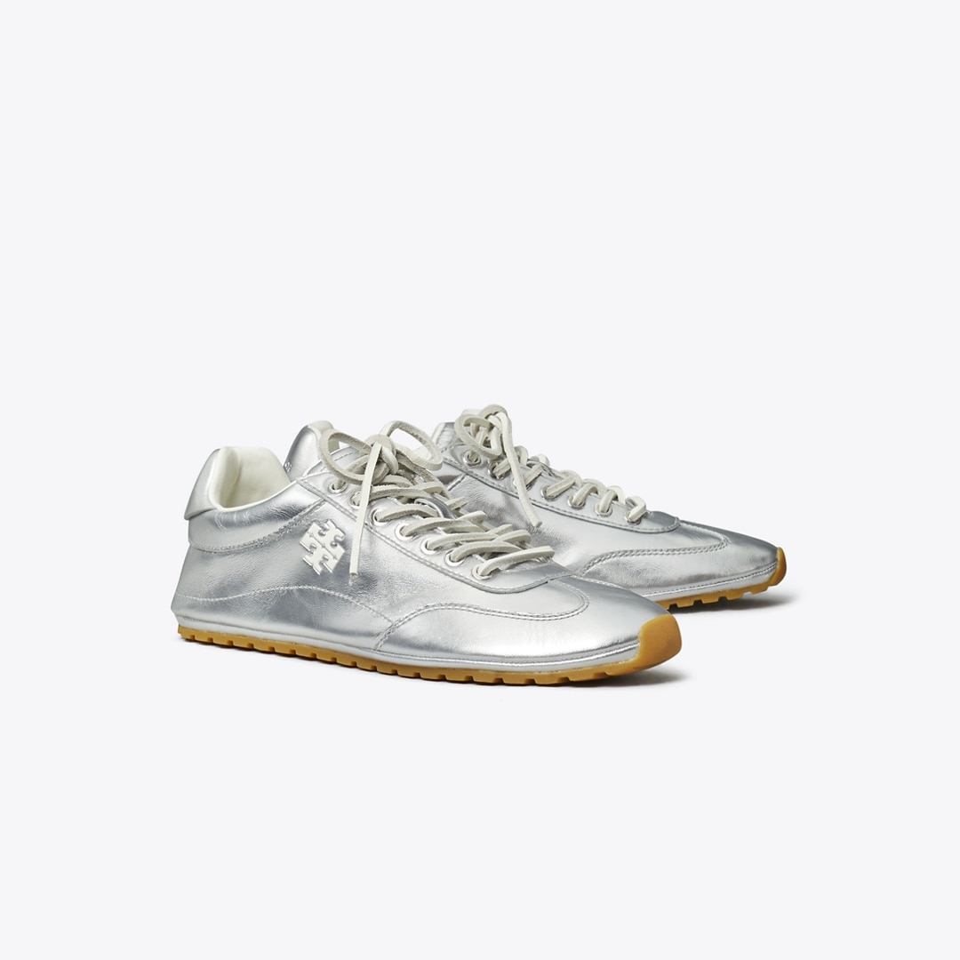 Tory Burch Field Metallic Leather Low-top Sneakers In Silver
