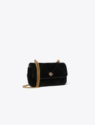 Tory Burch Mini Kira Diamond Quilt Velvet Pavé Flap Bag In Black