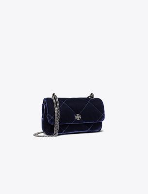 Tory Burch Mini Kira Diamond Quilt Velvet Pavé Flap Bag In Blue