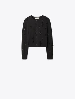 Tory Burch Embellished Wool Cardigan In Black