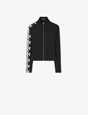 Tory Burch Reflective Nylon Logo Zip Top In Black