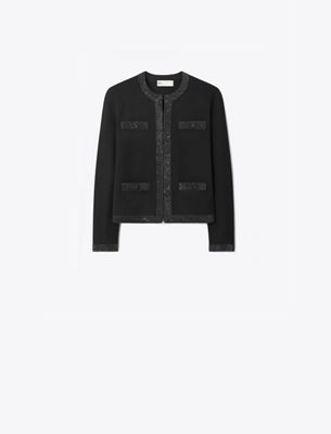 Tory Burch Kendra Embellished Wool Cardigan In Black