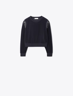 Tory Burch T Logo Velour Crewneck In Black