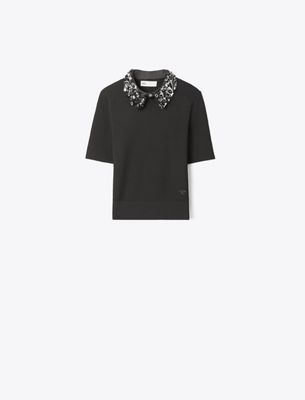 Tory Burch Embellished Collar Short-sleeve Top In Black