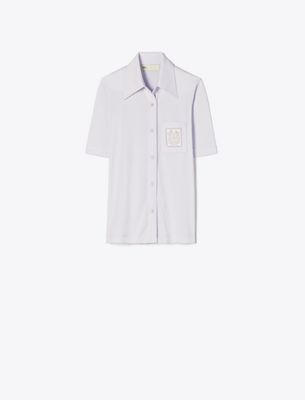 Tory Burch Embroidered Mercerized Cotton Polo In Gray
