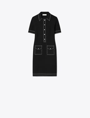 Tory Burch Topstitch Wool Camp Dress In Black