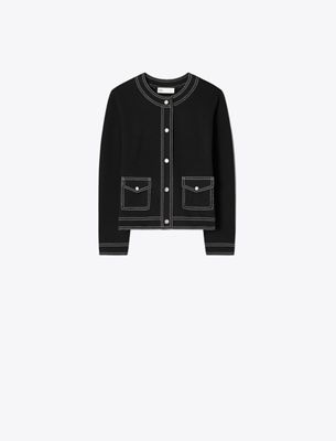 Tory Burch Topstitch Wool Cardigan In Black