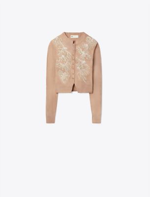 Tory Burch Embellished Wool Cardigan In Brown