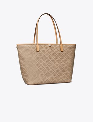 Tory Burch Logo-Monogram Canvas Tote Bag — Beige Cotton
