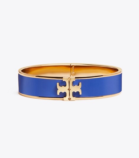 Tory Burch Kira Enameled Raised-logo Hinged Bracelet In Blue Dahlia / Tory Gold
