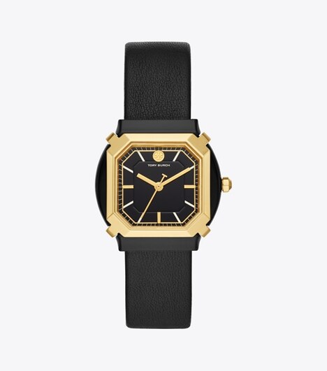 black leather and gold watch