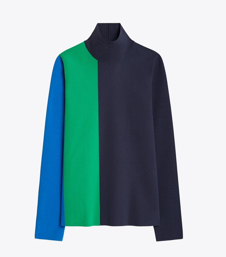Tory Burch BLOCK-STRIPE TECH KNIT TURTLENECK