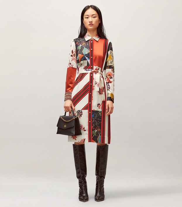 printed patchwork shirtdress on model front