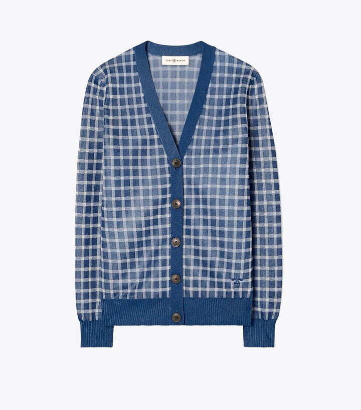 Sheer Picnic Plaid Boyfriend Cardigan Women's Designer Sweaters Tory