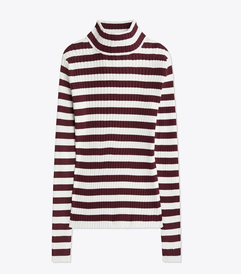 Tory Burch STRIPED RIBBED TURTLENECK SWEATER