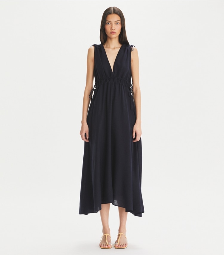 Tory Burch designer strandmode Ärmelloses, gesmoktes Kleid in Medium Navy modell von vorn