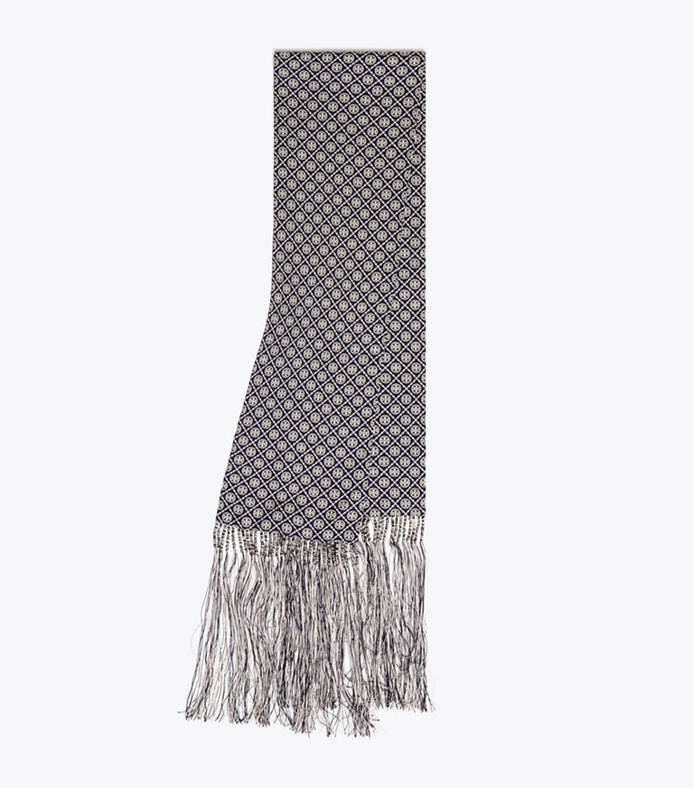 Tory Burch designer écharpes Étole à franges à motif T Monogram dans Navy plié