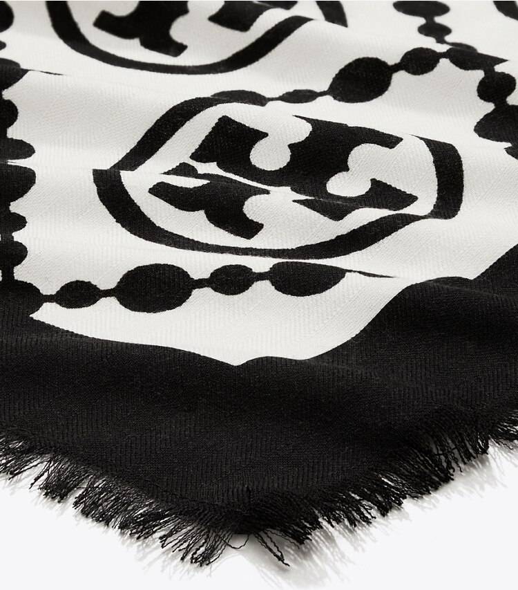 Tory Burch designer écharpes Étole T Monogram à bordure dans T Monogram Bordered Oblong - Black détails
