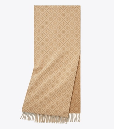 Tory Burch designer écharpes Étole T Monogram dans Camel plié