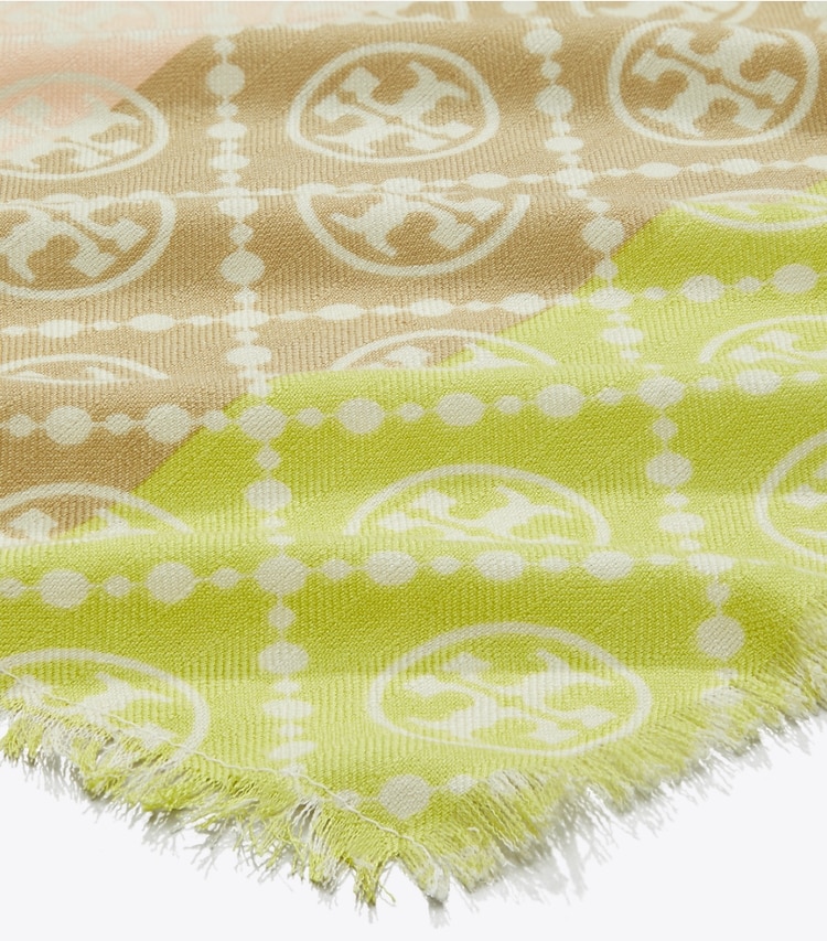 Tory Burch designer écharpes Étole T Monogram multi-rayures dans Multi Stripe Oblong - Chartreuse détails
