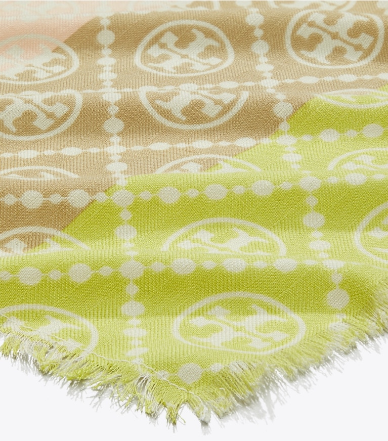 Tory Burch designer écharpes Étole T Monogram multi-rayures dans Multi Stripe Oblong - Chartreuse détails