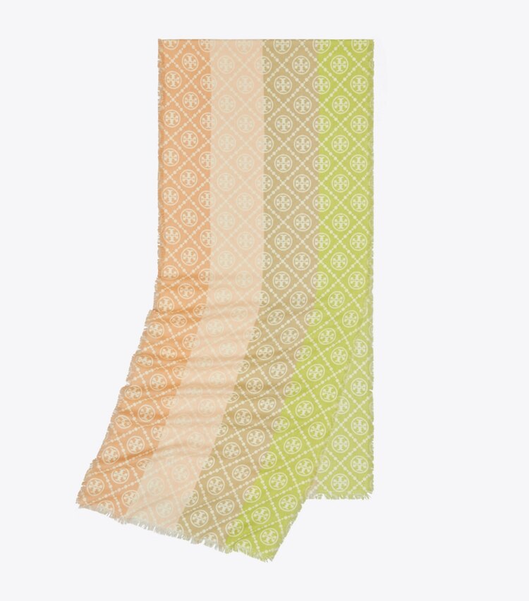 Tory Burch designer écharpes Étole T Monogram multi-rayures dans Multi Stripe Oblong - Chartreuse plié
