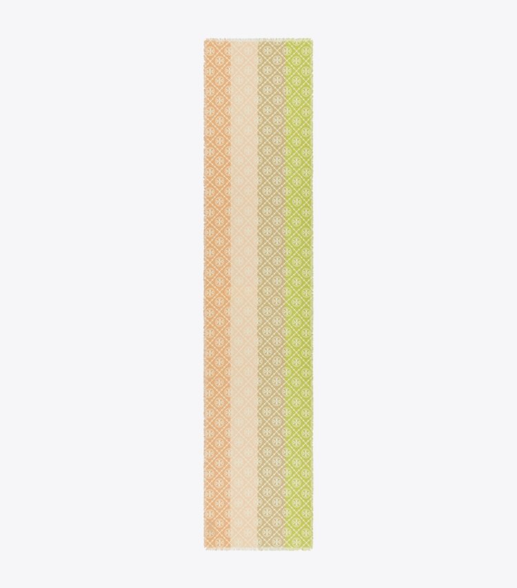 Tory Burch designer écharpes Étole T Monogram multi-rayures dans Multi Stripe Oblong - Chartreuse vue du dessus