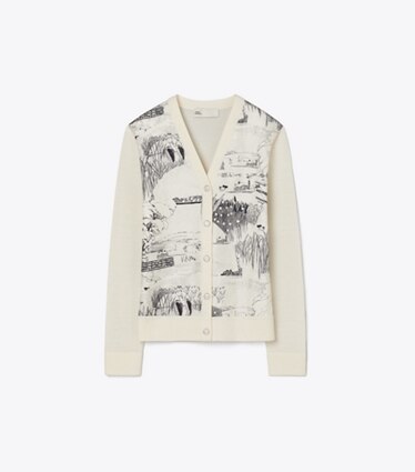 Tory Burch designer セーター シルクフロント カーディガン in New Ivory / Ivory Forest front