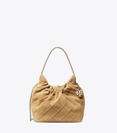 Tory Burch designer クロスボディバッグ フレミング ソフトスエード ミニホーボーバッグ in Stone front
