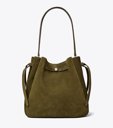 Tory Burch diseñador ショルダーバッグ ロミー スエード ラージ バケットバッグ en Dark Olive frente