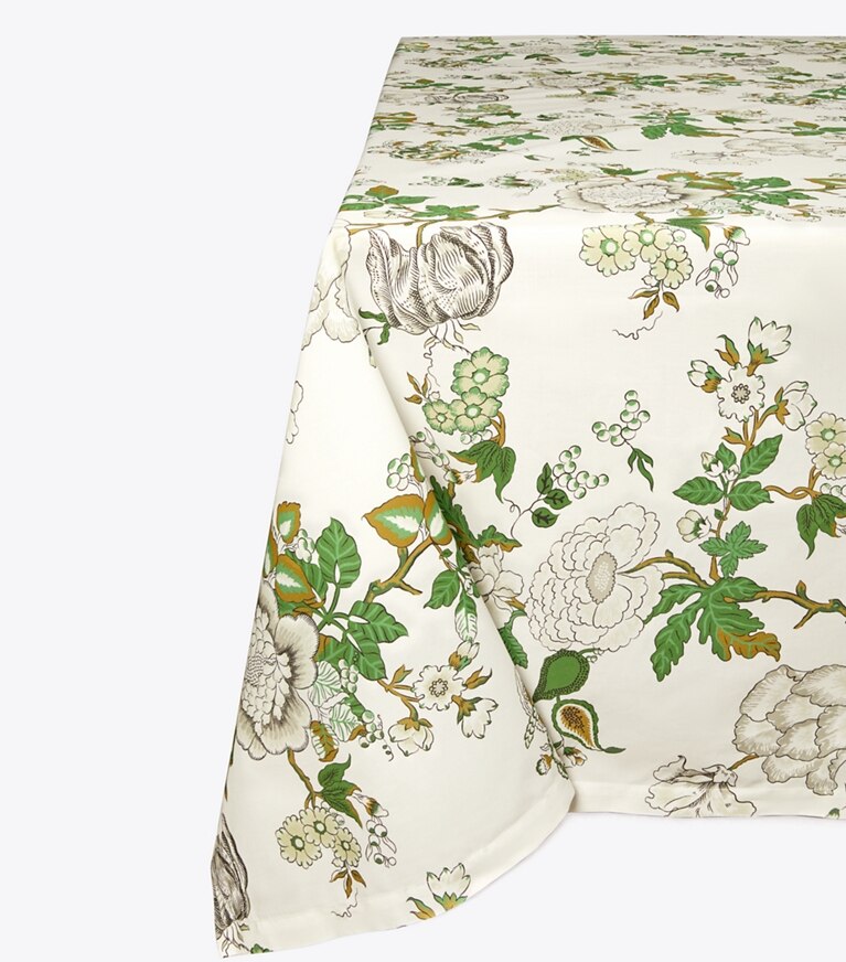 Tory Burch designer linens  Happy Times Bouquet Square Tablecloth, 90” in Moss Green front