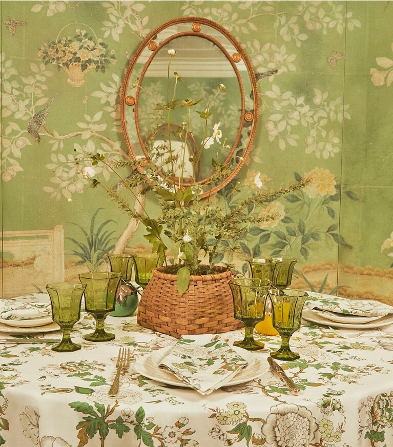 Tory Burch designer linens  Happy Times Bouquet Square Tablecloth, 90” in Moss Green front