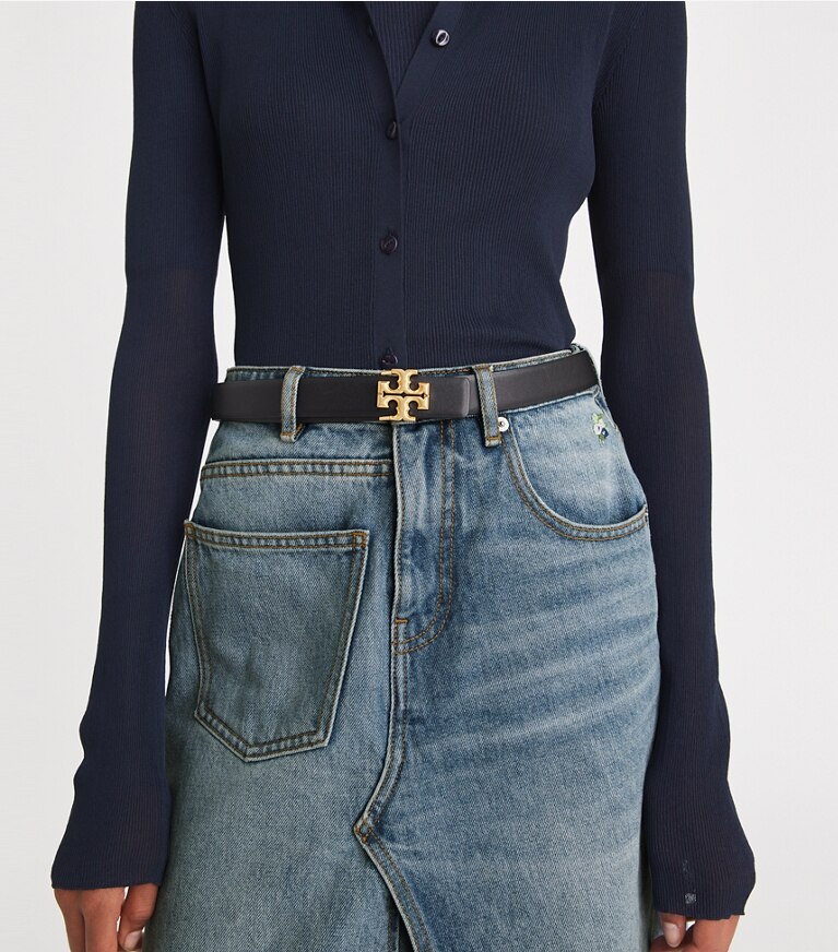 Tory Burch designer belts 1" Eleanor Belt in Black / GOLD front