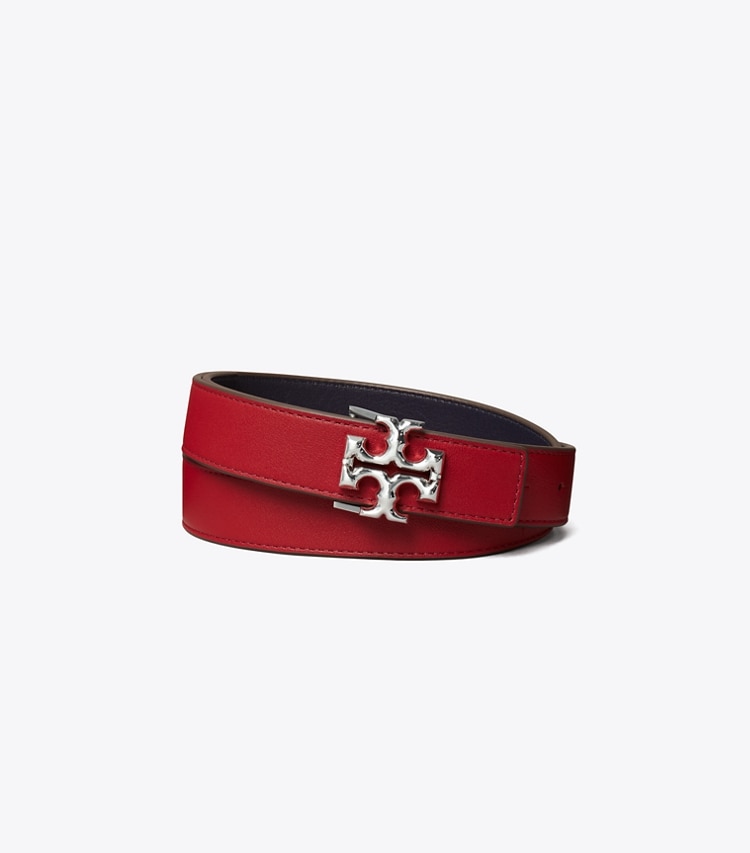 Tory Burch designer belts 1" Eleanor Reversible Belt in TORY RED / Tory Navy / Silver front