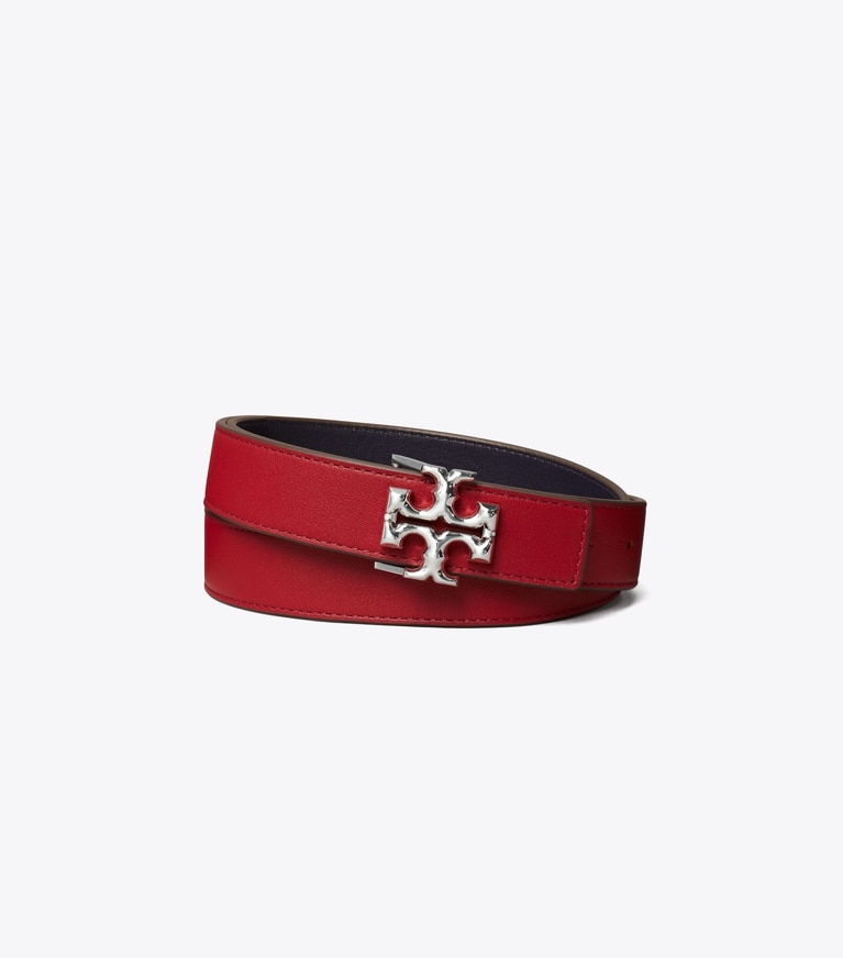 Tory Burch designer belts 1" Eleanor Reversible Belt in TORY RED / Tory Navy / Silver front