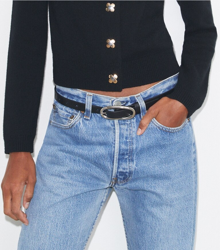 Tory Burch designer belts 1" Medium Pierced Buckle Belt in Black/Silver front