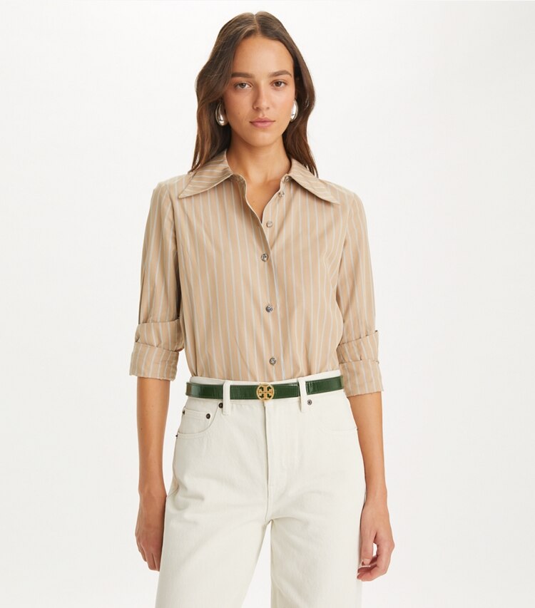 Tory Burch designer belts 1" Miller Crosshatch Belt in Dark Everglade / GOLD accessory on model