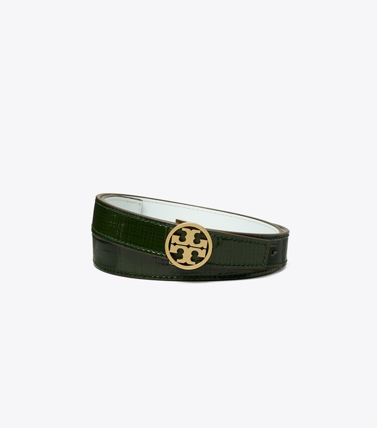 Tory Burch designer belts 1" Miller Crosshatch Belt in Dark Everglade / GOLD front